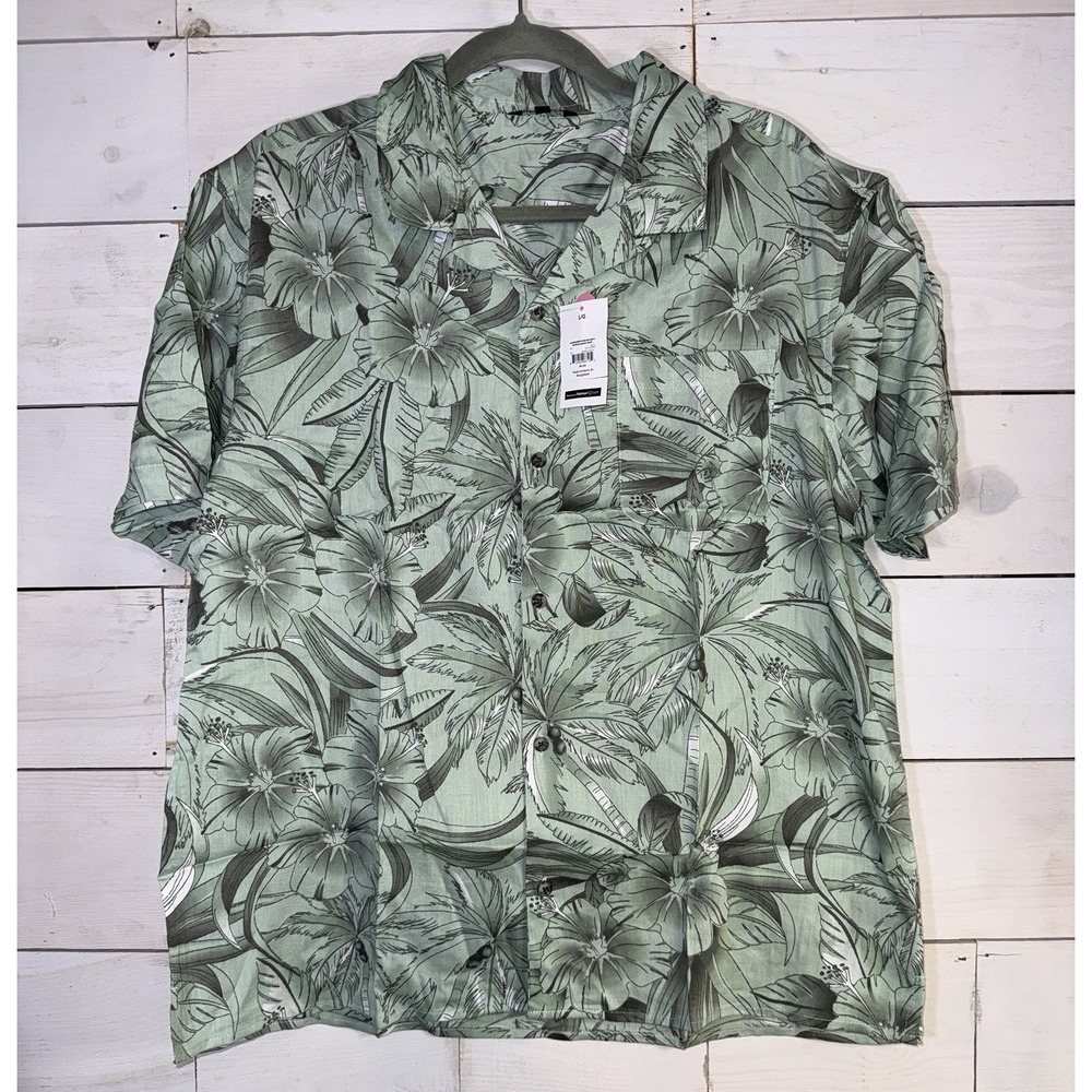 George Men's and Big Men's Tropical Resort Shirt Green Palm Trees, Men's Large